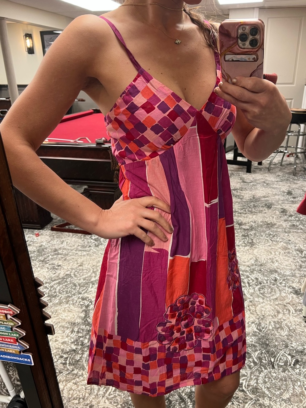Solitaire Pink & Red Patchwork Spaghetti-Strap Mini Dress